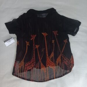 Phool  sheer black short sleeve collared button up blouse giraffe graphic Sz Med